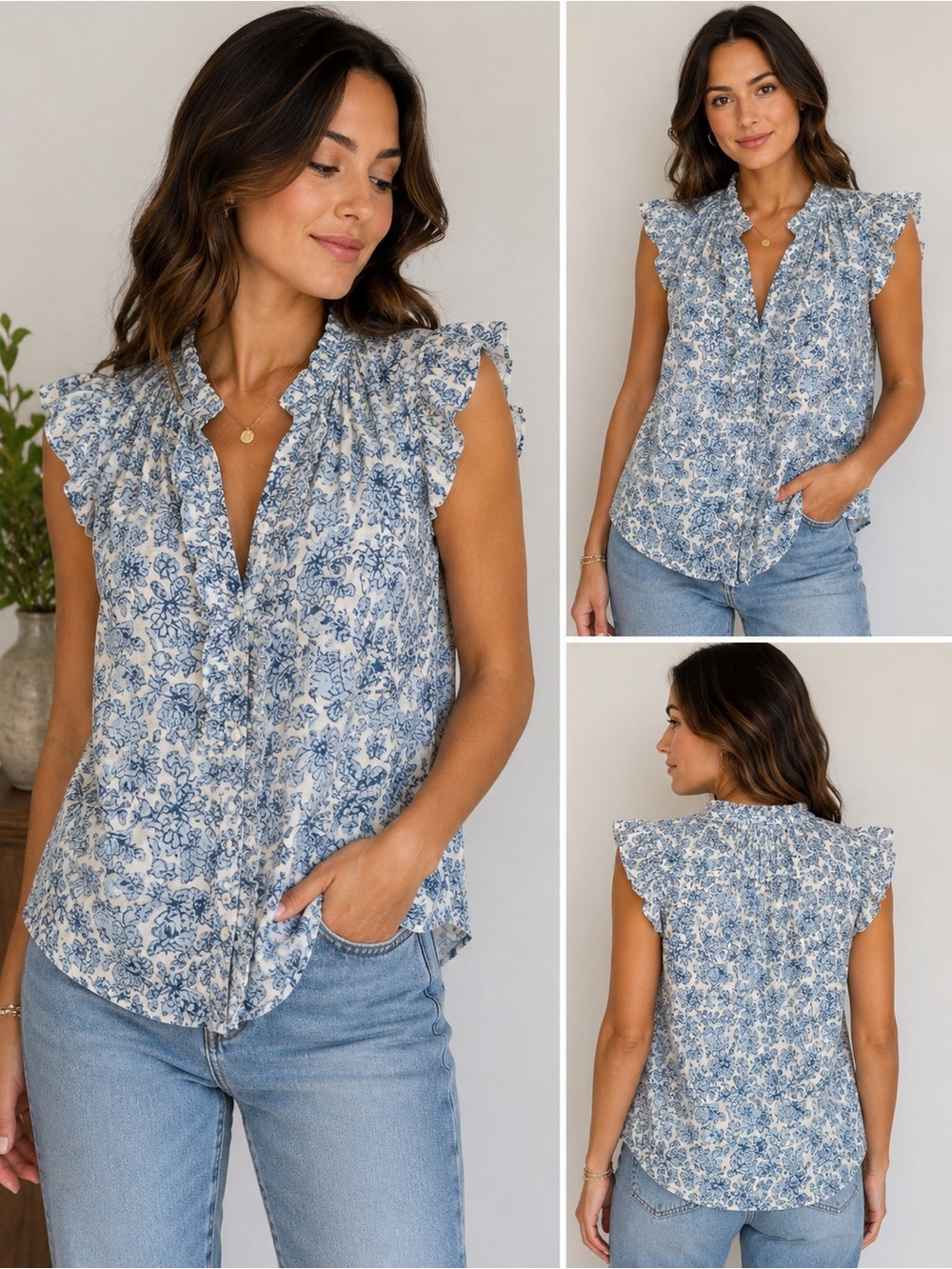 Elan Women’s Small Blue Floral Ruffle Sleeve Boho Peasant Blouse Top